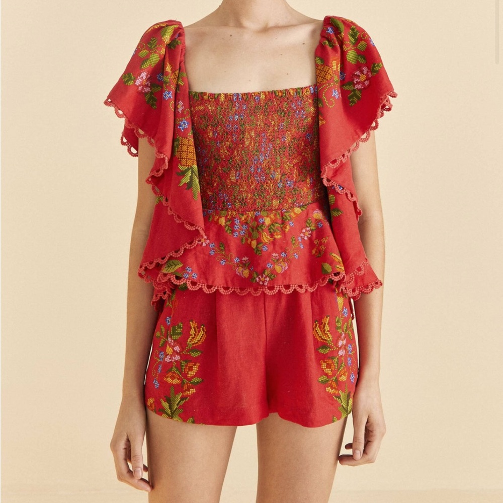 Farm Rio Red Tropical Romance Romper